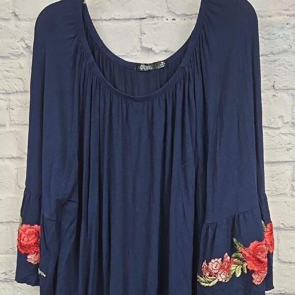 Women's 3XL Navy Blue Floral Embroidered Bell Sleeve Tunic Top Ruffled Peasant - Picture 2 of 10